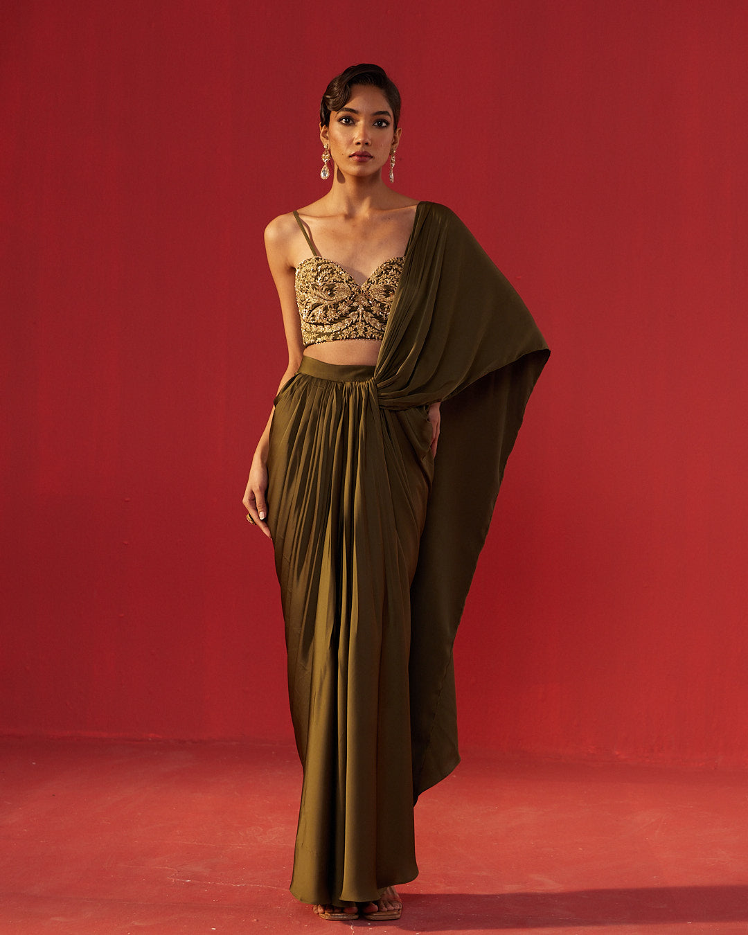Olive Green Satin Draped Skirt Saree Set