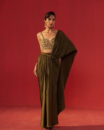 Olive Green Satin Draped Skirt Saree Set