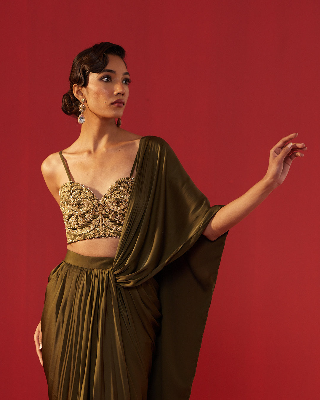 Olive Green Satin Draped Skirt Saree Set