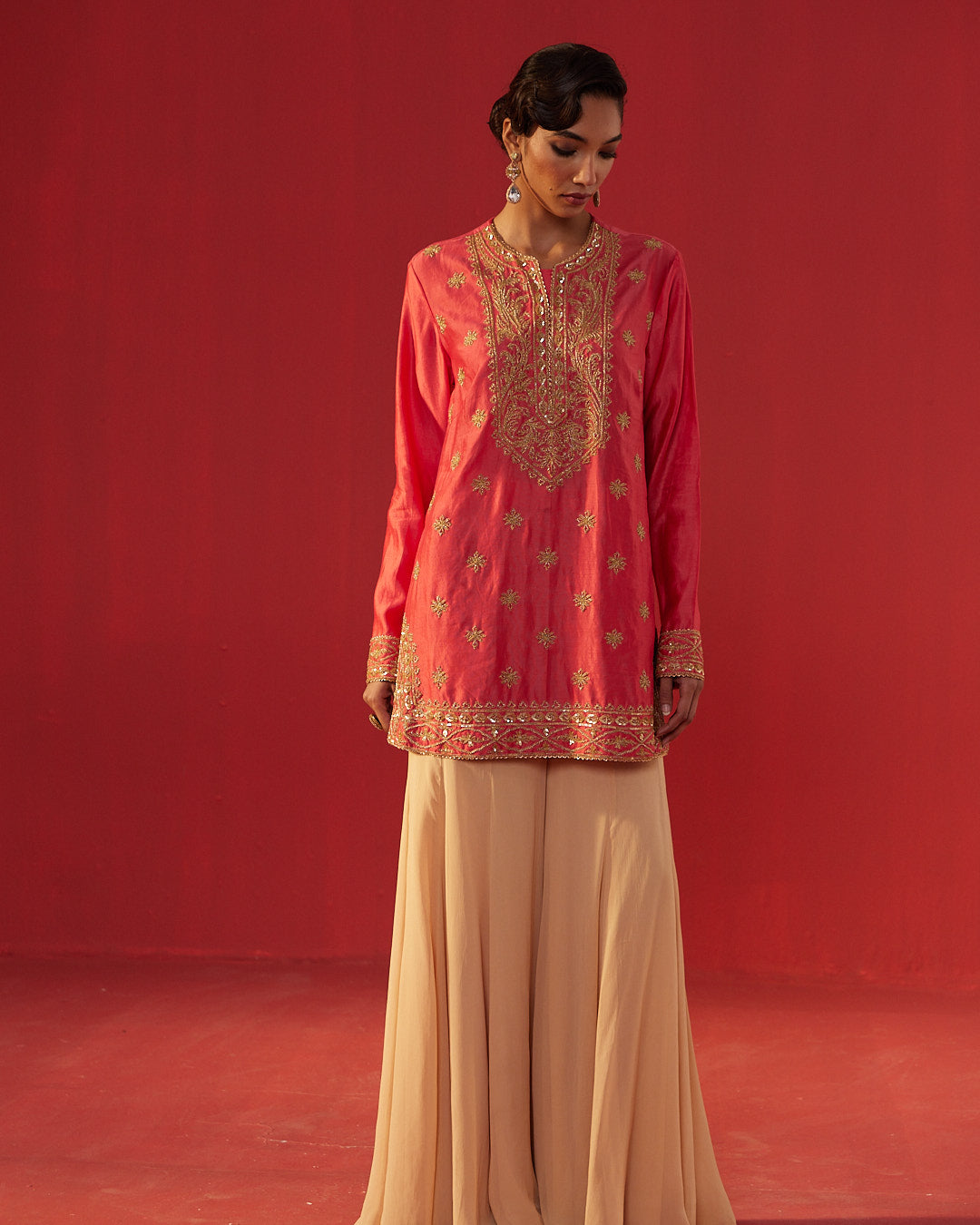Full Hand Work Embellished Yoke Peach Short Kurta & Flared Sharara Set