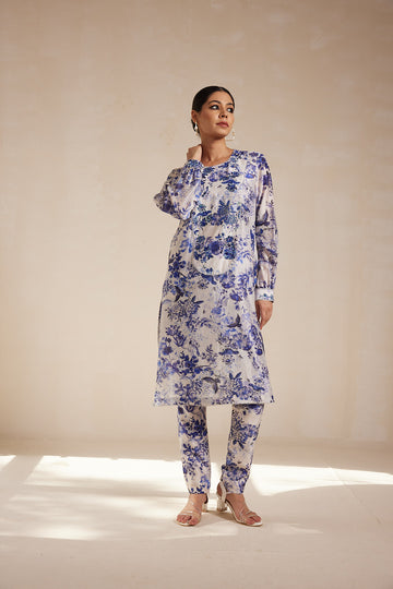 Blue Floral Printed Chanderi Kurta Set