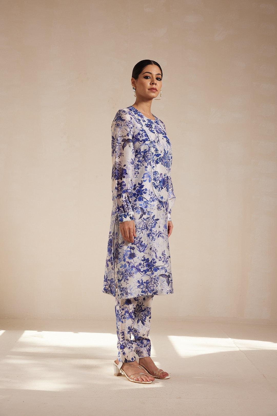 Blue Floral Printed Chanderi Kurta Set