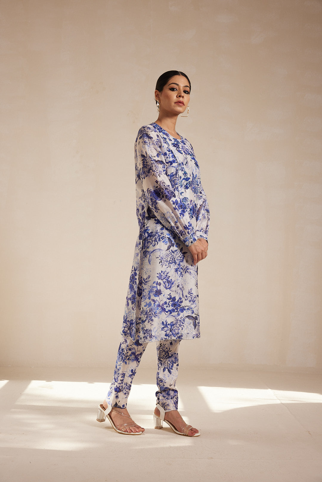 Blue Floral Printed Chanderi Kurta Set