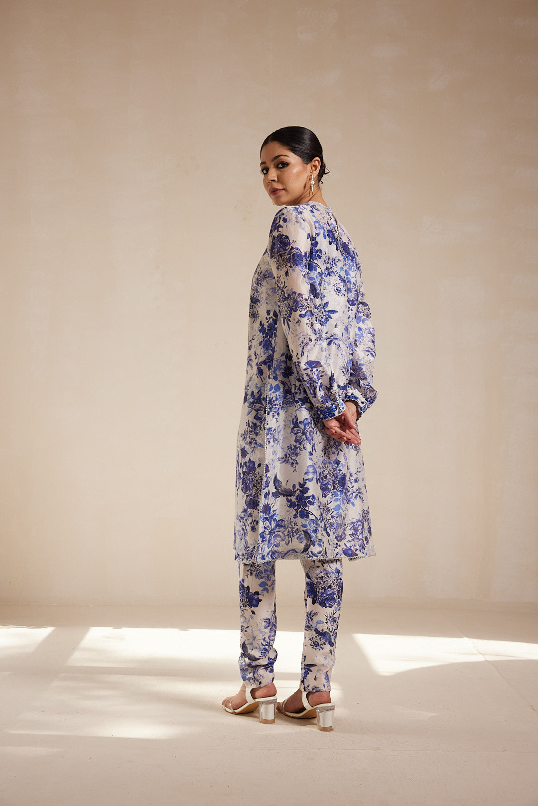 Blue Floral Printed Chanderi Kurta Set
