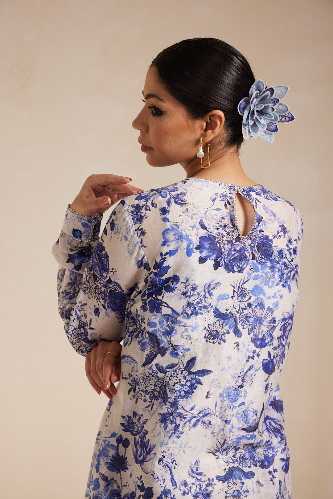 Blue Floral Printed Chanderi Kurta Set