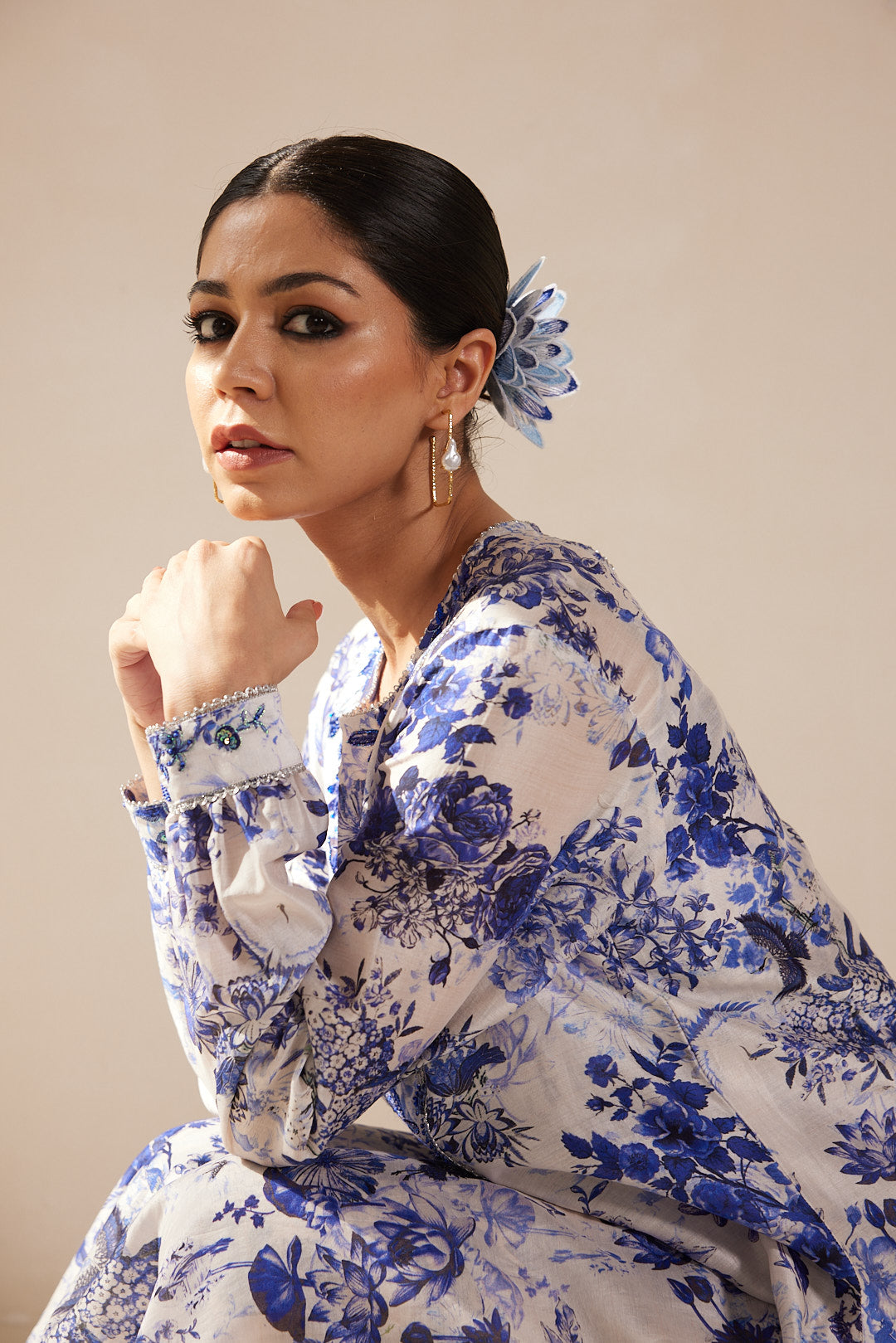 Blue Floral Printed Chanderi Kurta Set