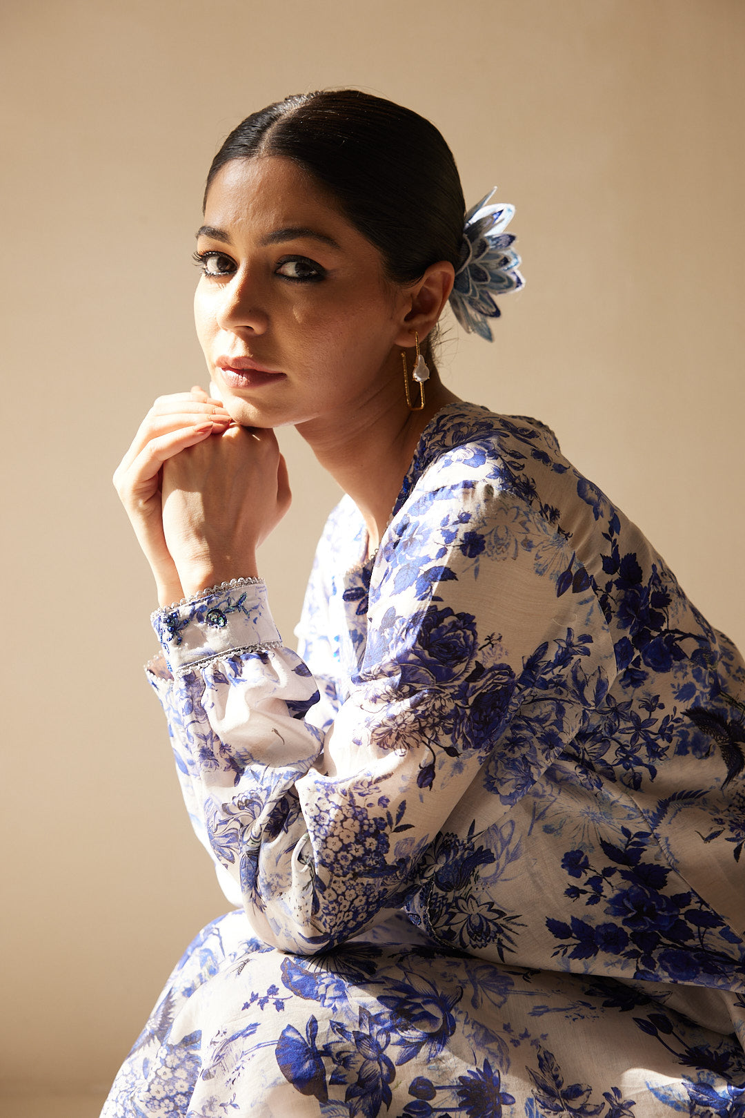 Blue Floral Printed Chanderi Kurta Set