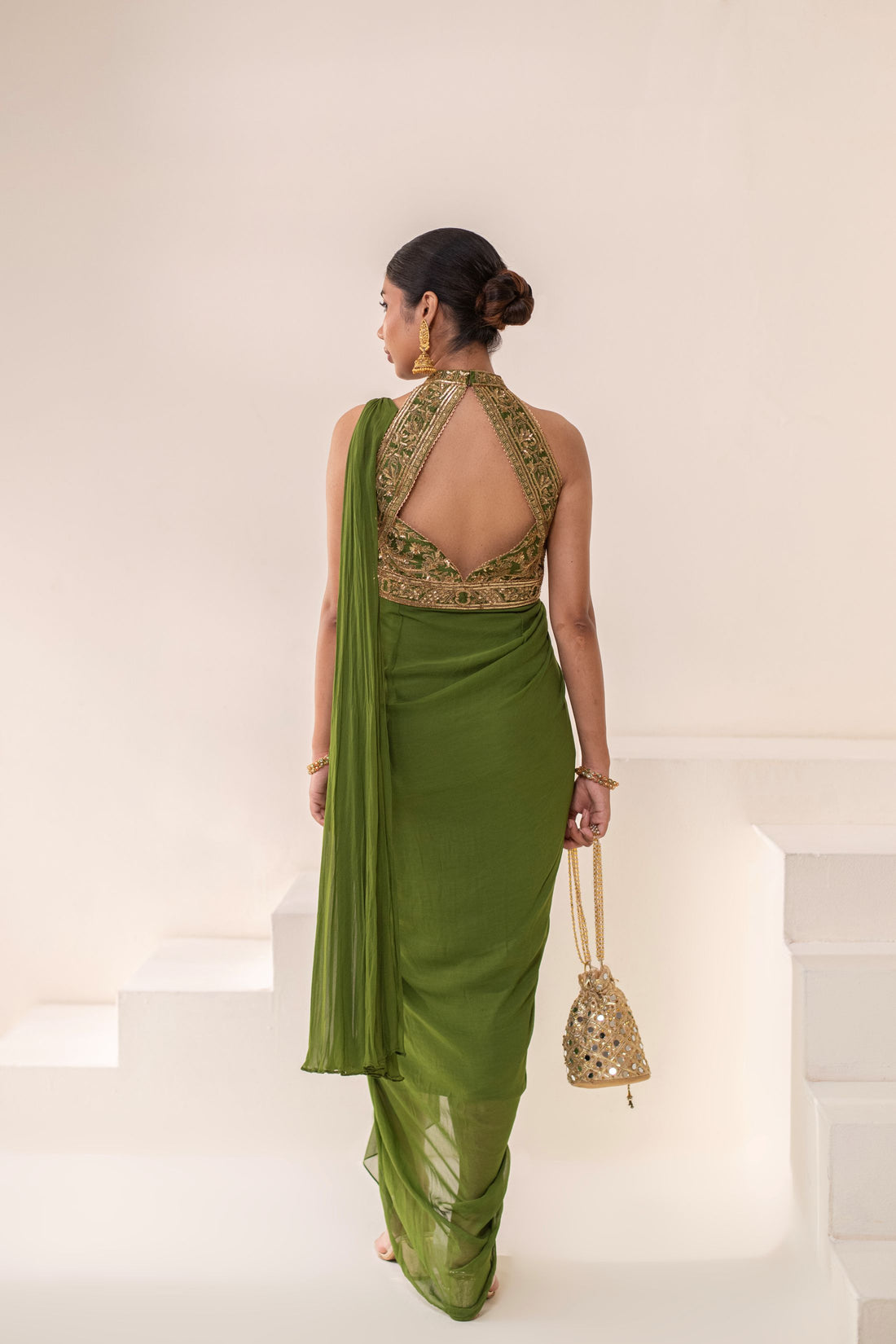 Green Georgette Hand Embellished Draped Gown Saree