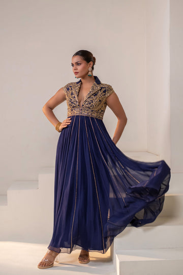 Navy Blue Georgette Dori Hand Embellished Kalidar Anarkali