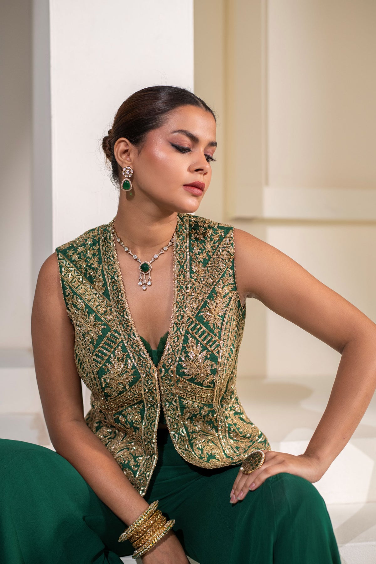 Emerald Green Dupion Silk Jacket Sharara Set
