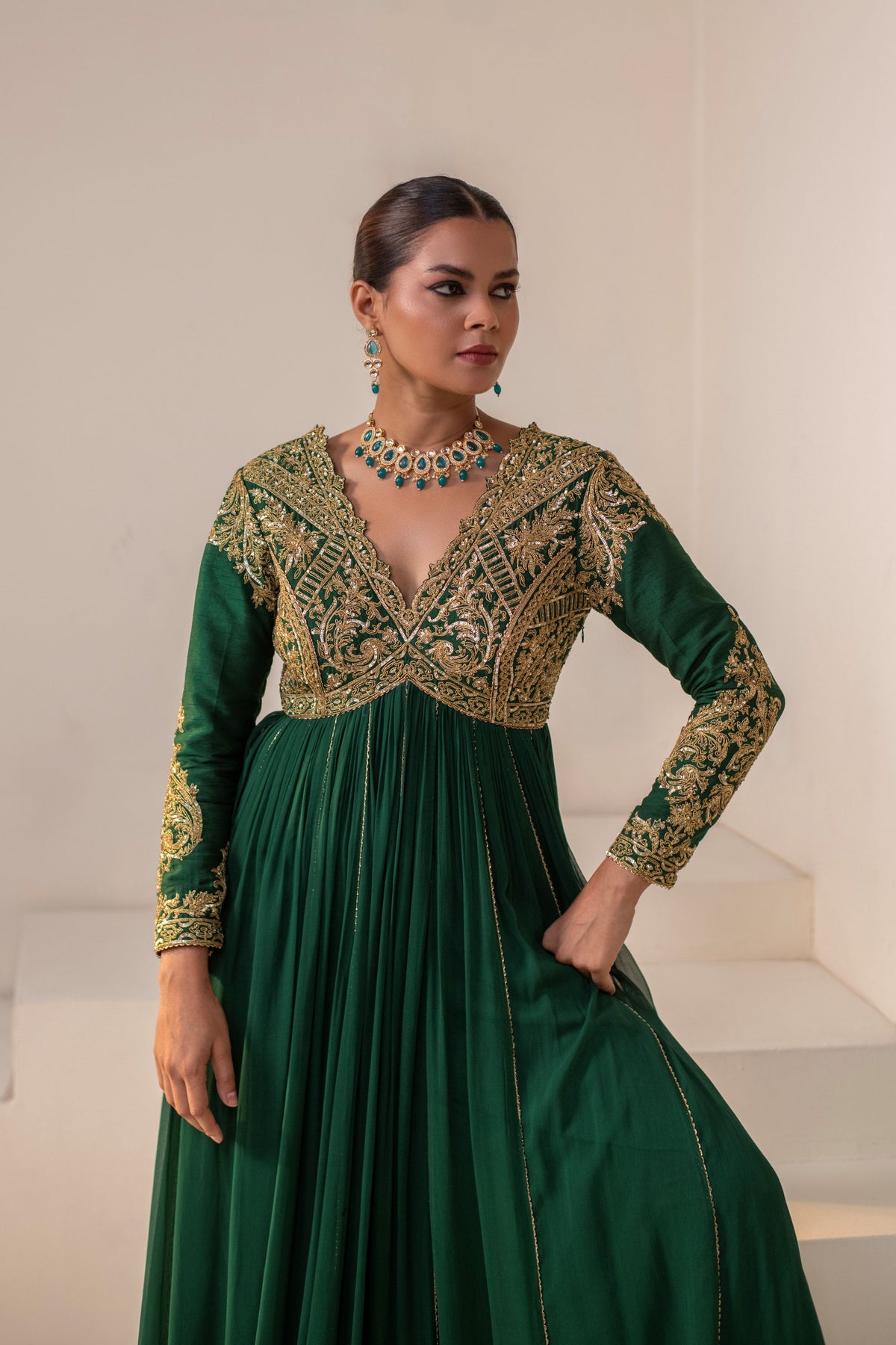 Bottle Green Georgette Dori Hand Embellished Anarkali