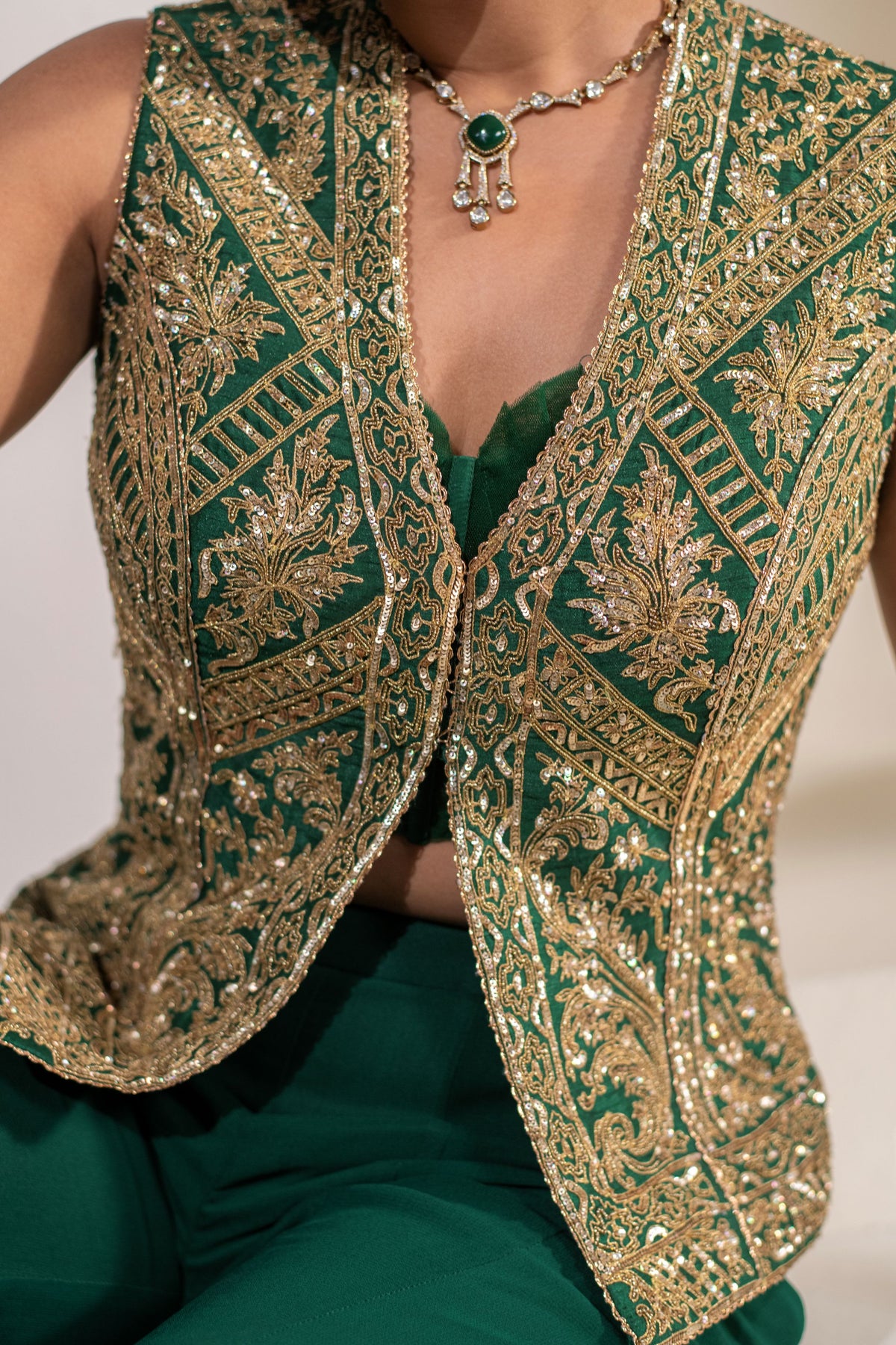 Emerald Green Dupion Silk Jacket Sharara Set