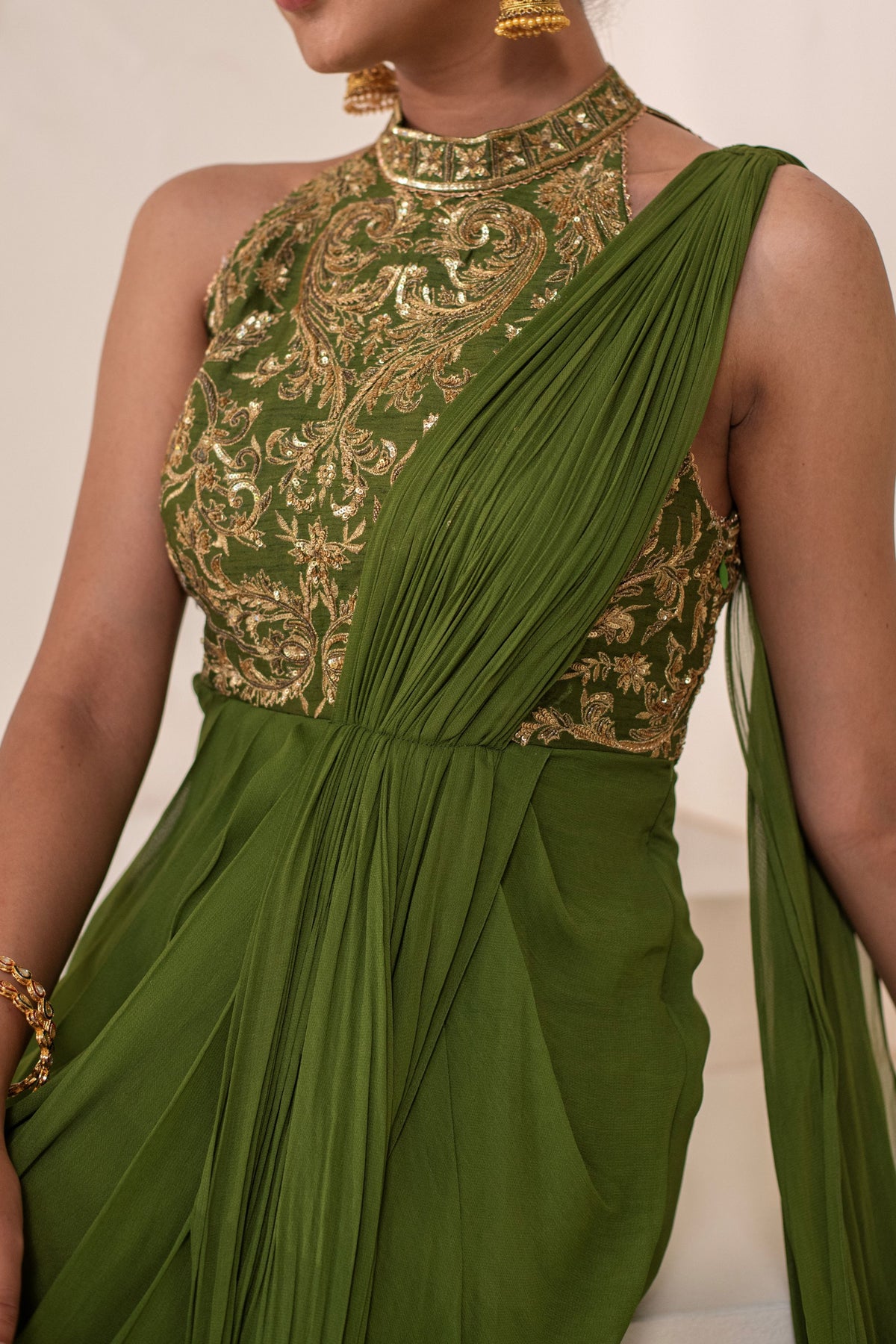 Green Georgette Hand Embellished Draped Gown Saree