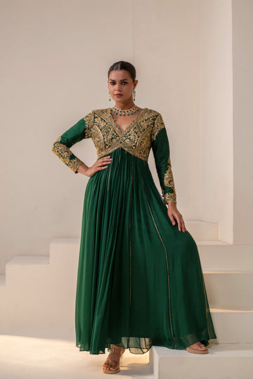 Bottle Green Georgette Dori Hand Embellished Anarkali