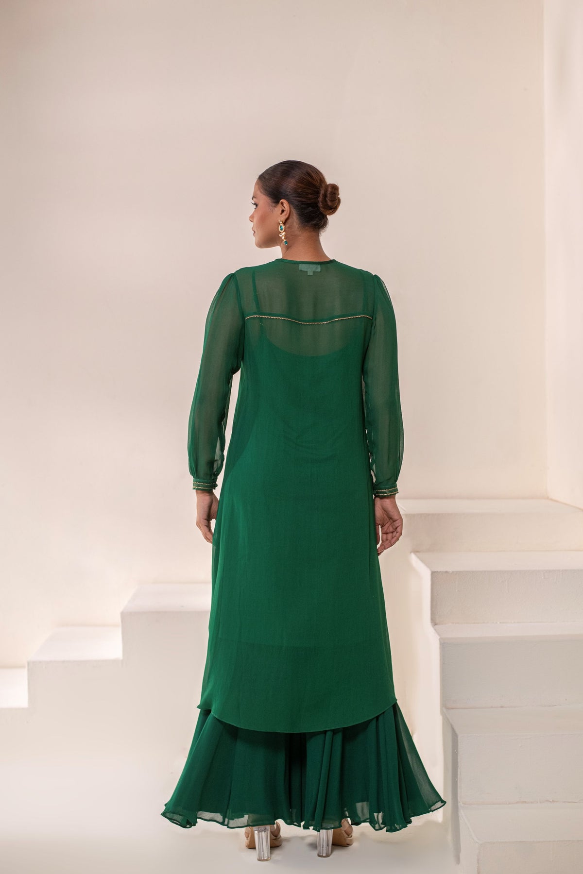 Emerald Green Georgette Dori Hand Embellished kurta sharara set