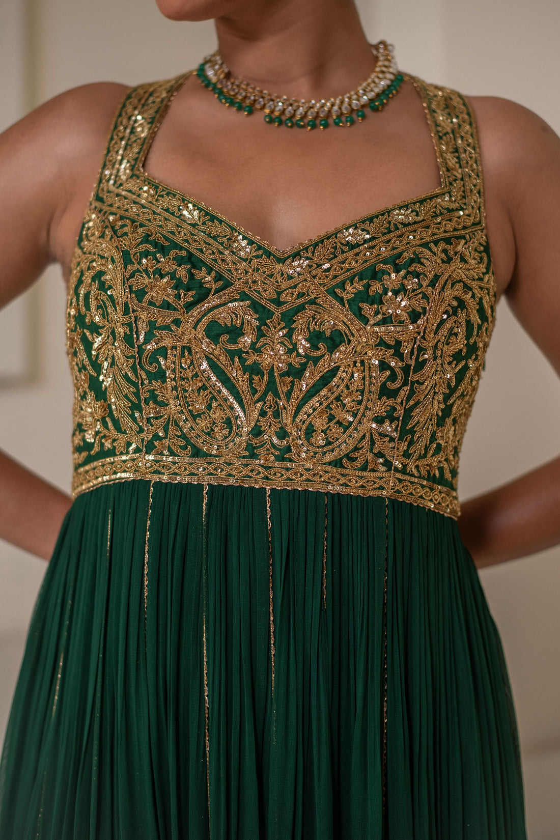 Bottle Green Georgette Dori Hand Embellished Sleeveless Anarkali