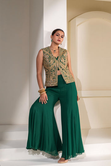 Emerald Green Dupion Silk Jacket Sharara Set