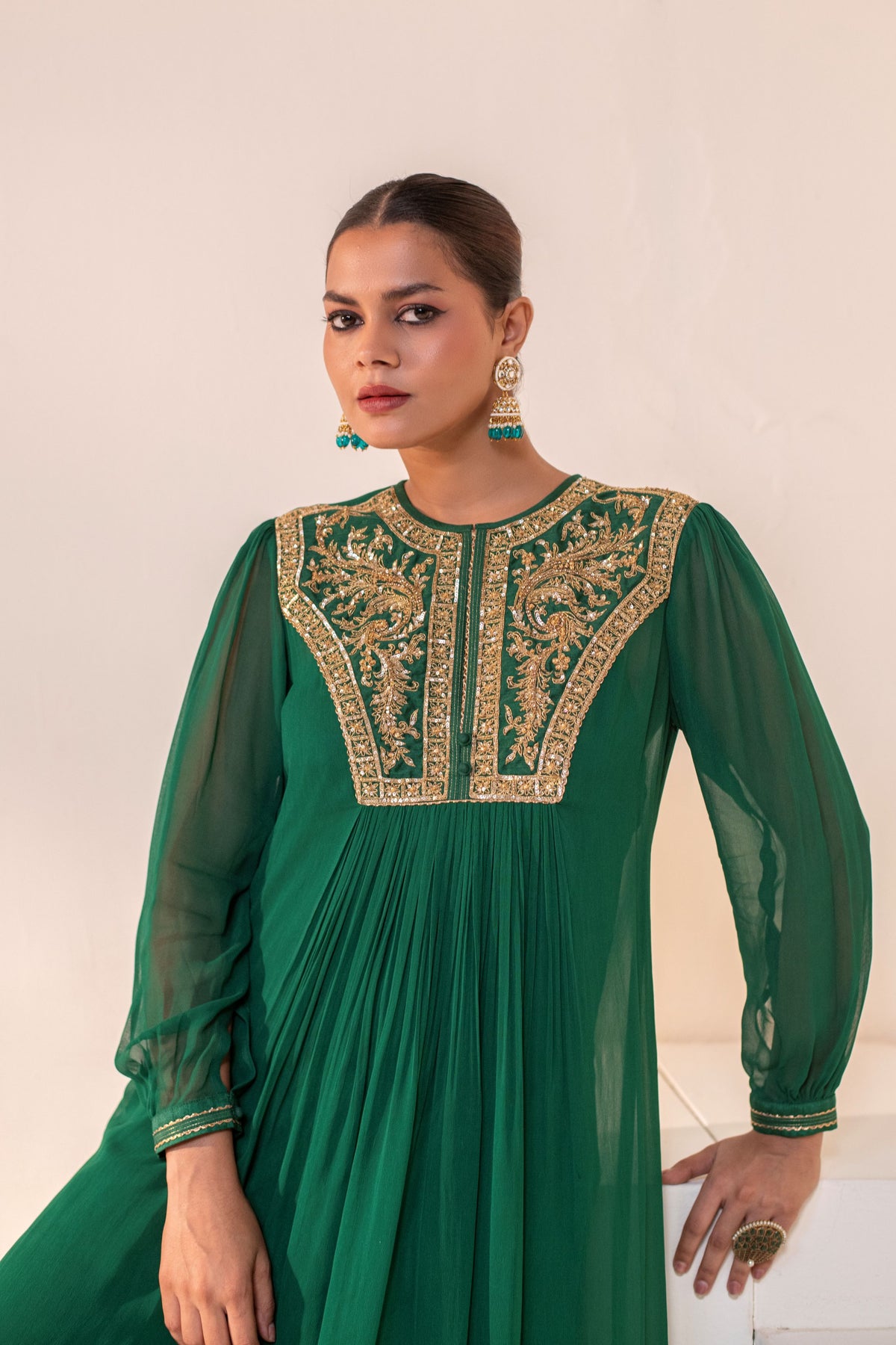 Emerald Green Georgette Dori Hand Embellished kurta sharara set