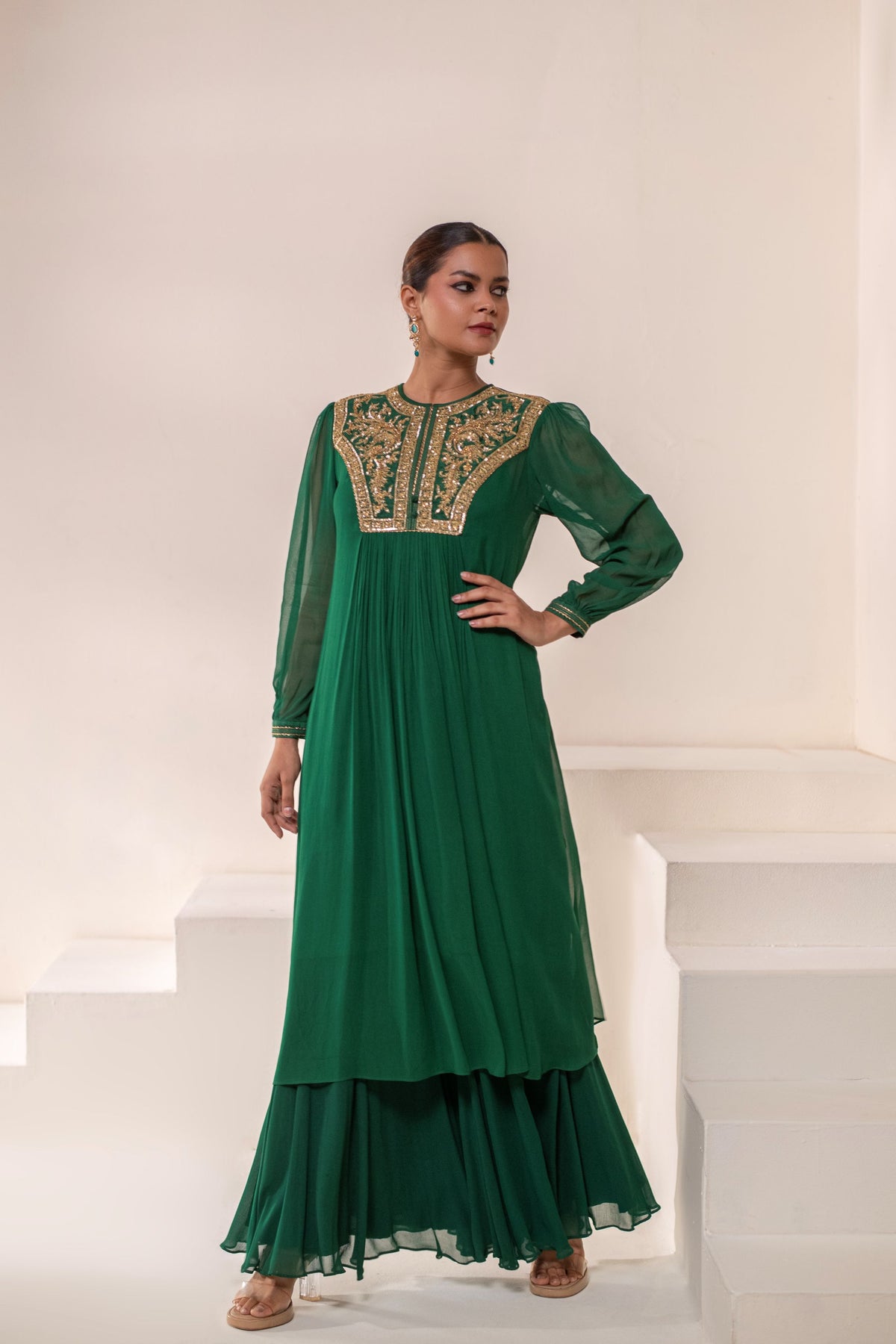 Emerald Green Georgette Dori Hand Embellished kurta sharara set