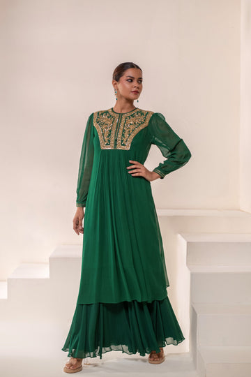 Emerald Green Georgette Dori Hand Embellished kurta sharara set