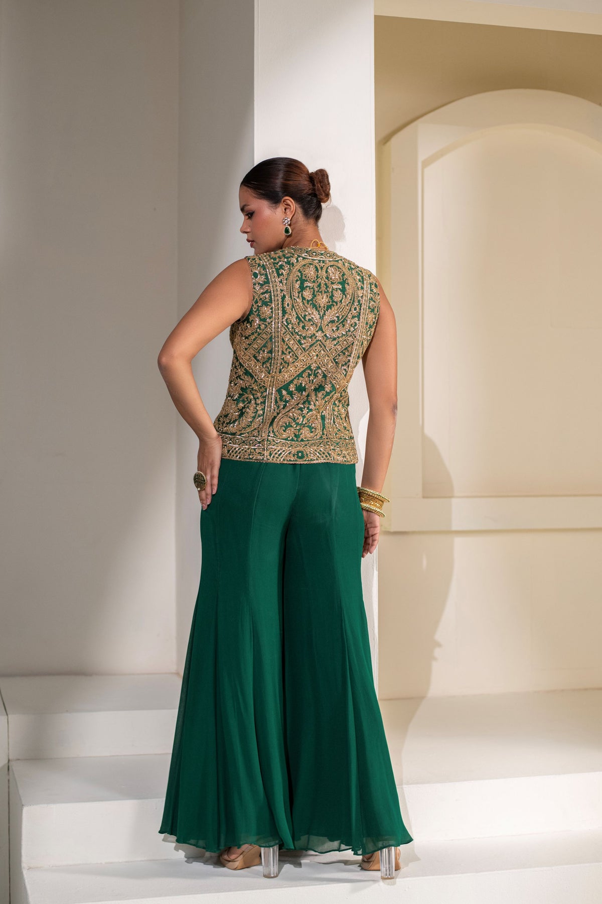 Emerald Green Dupion Silk Jacket Sharara Set