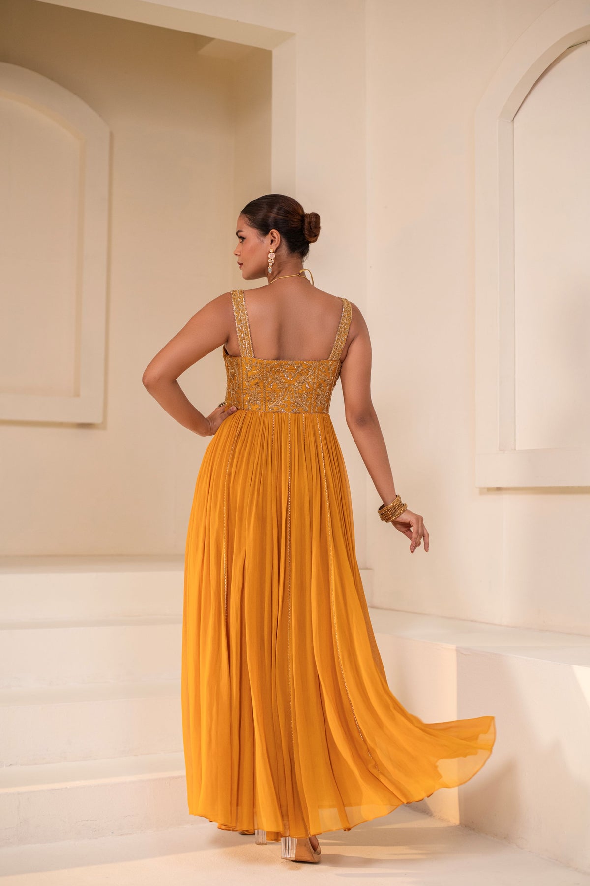 Yellow Georgette Dori Hand Embellished Anarkali