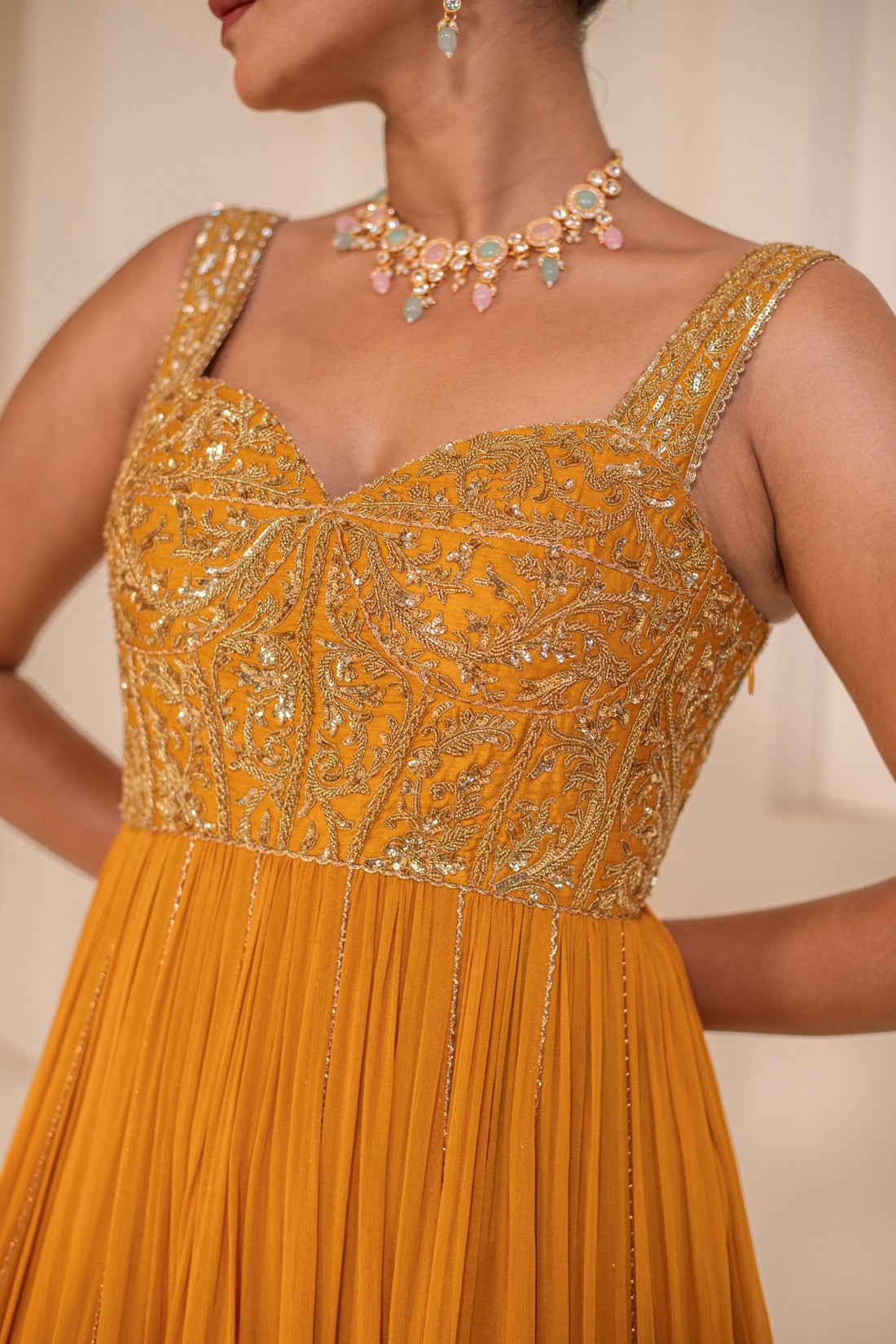 Yellow Georgette Dori Hand Embellished Anarkali