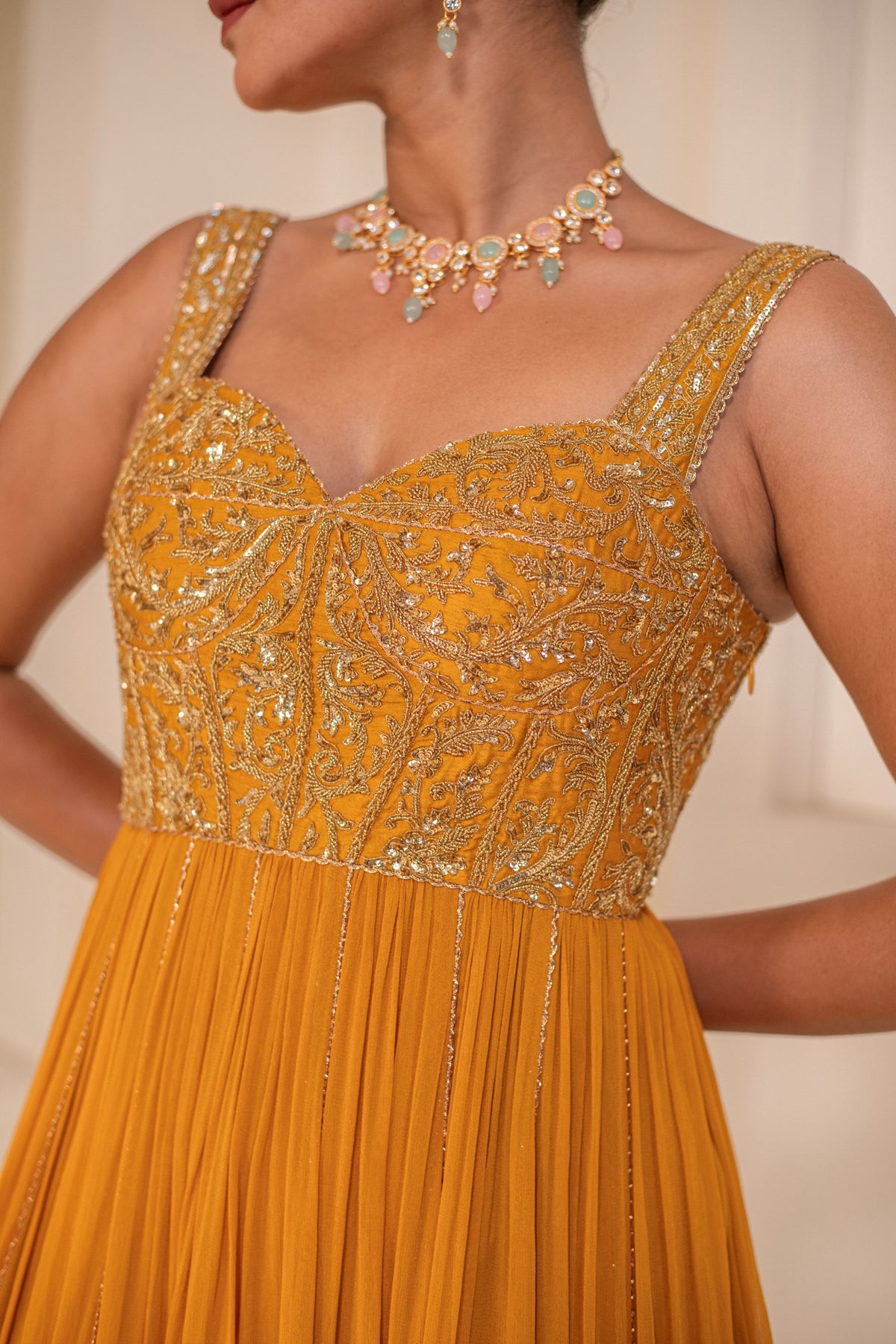 Yellow Georgette Dori Hand Embellished Anarkali