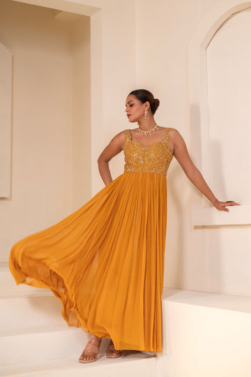 Yellow Georgette Dori Hand Embellished Anarkali