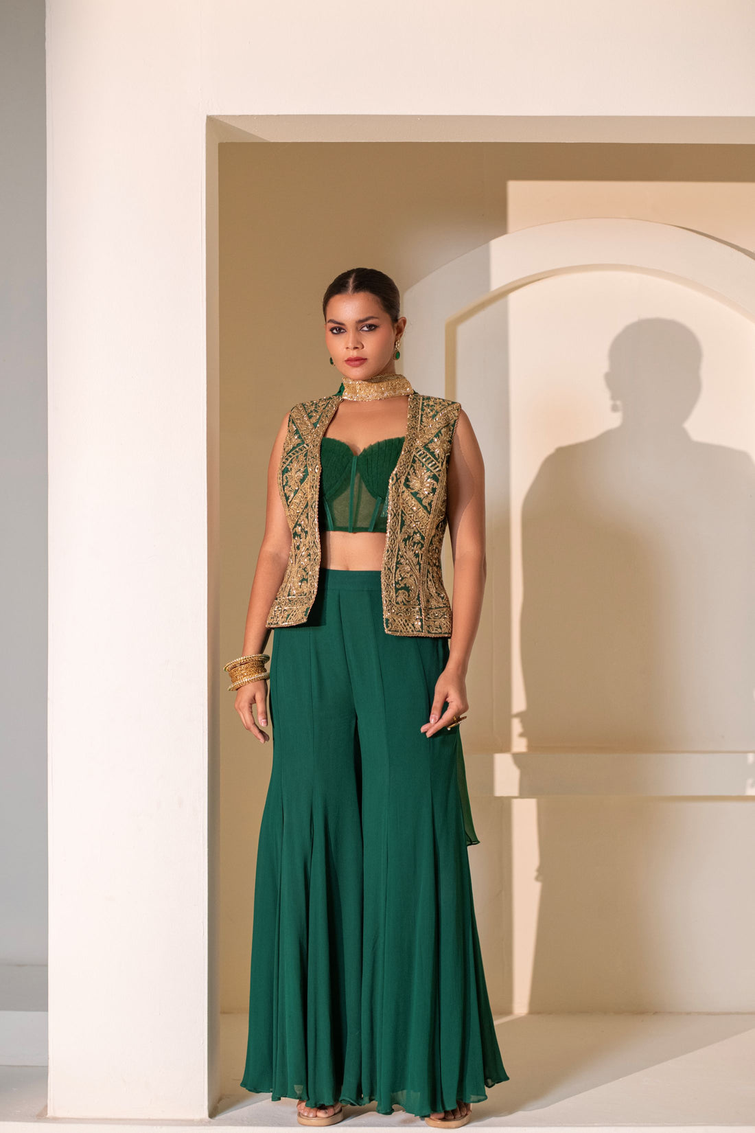Emerald Green Dupion Silk Jacket Sharara Set