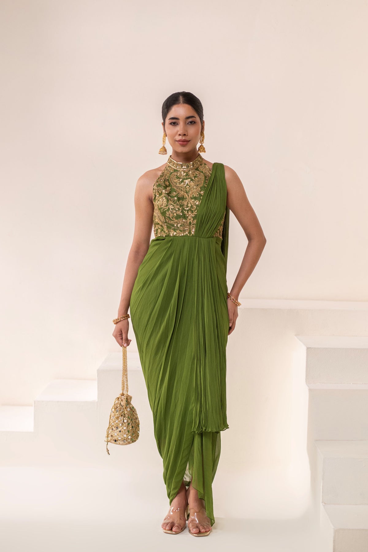 Green Georgette Hand Embellished Draped Gown Saree
