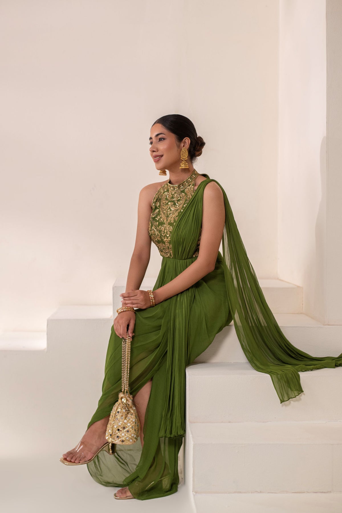 Green Georgette Hand Embellished Draped Gown Saree