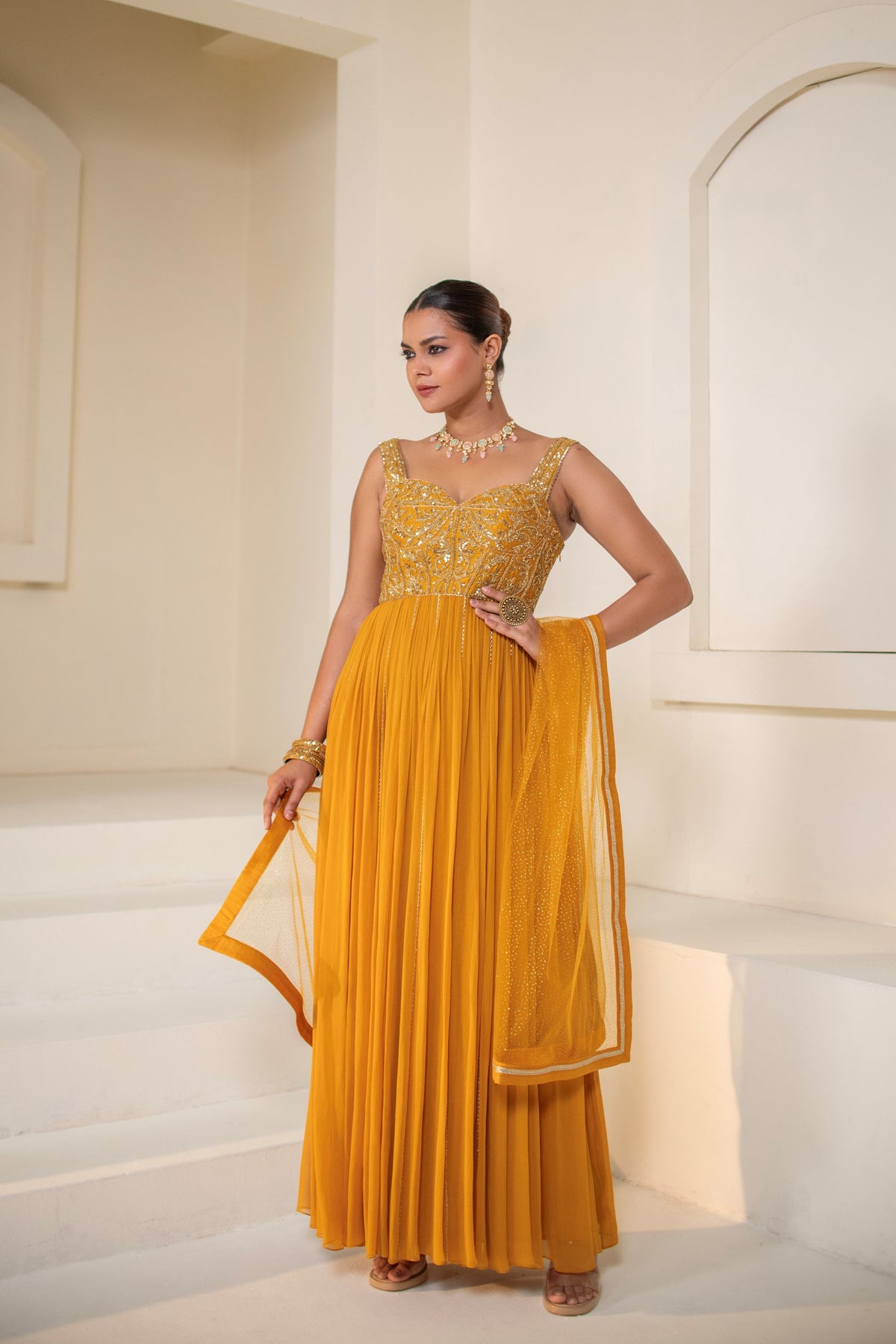 Yellow Georgette Dori Hand Embellished Anarkali