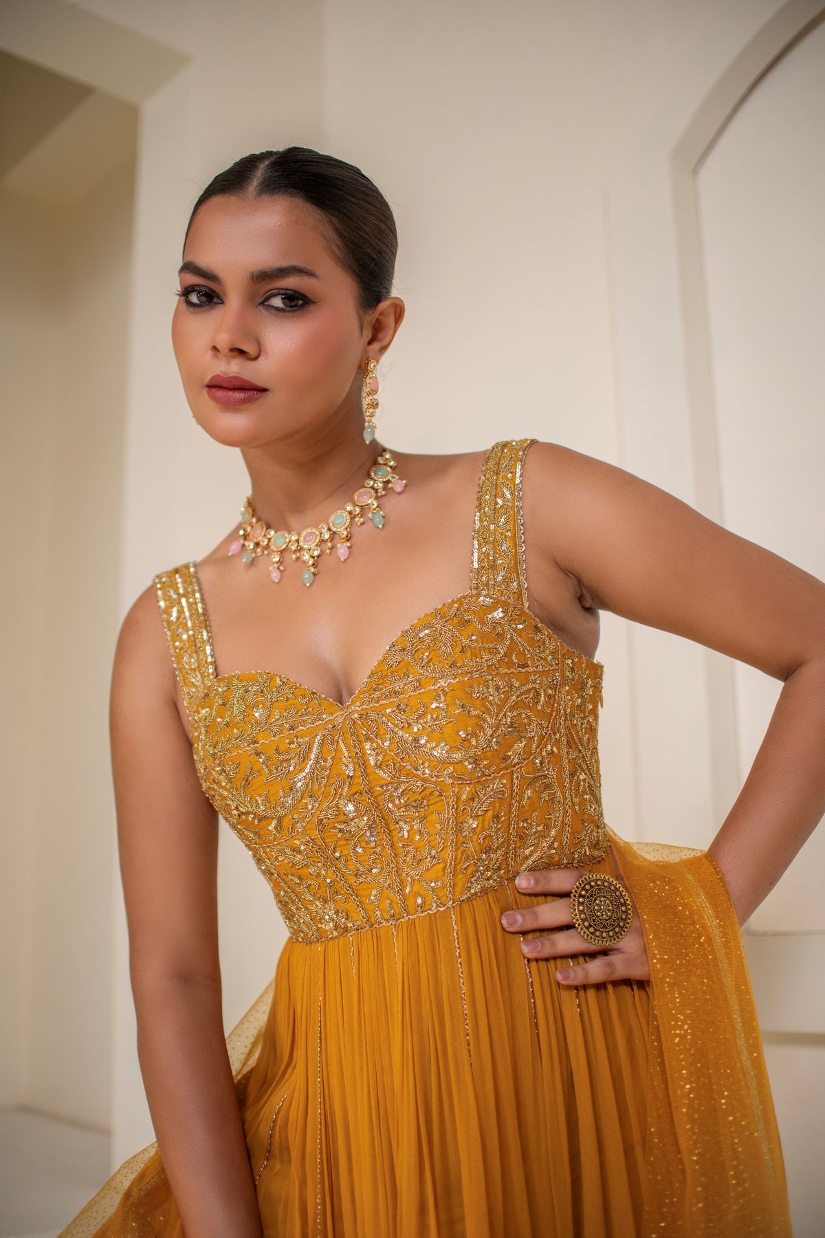 Yellow Georgette Dori Hand Embellished Anarkali